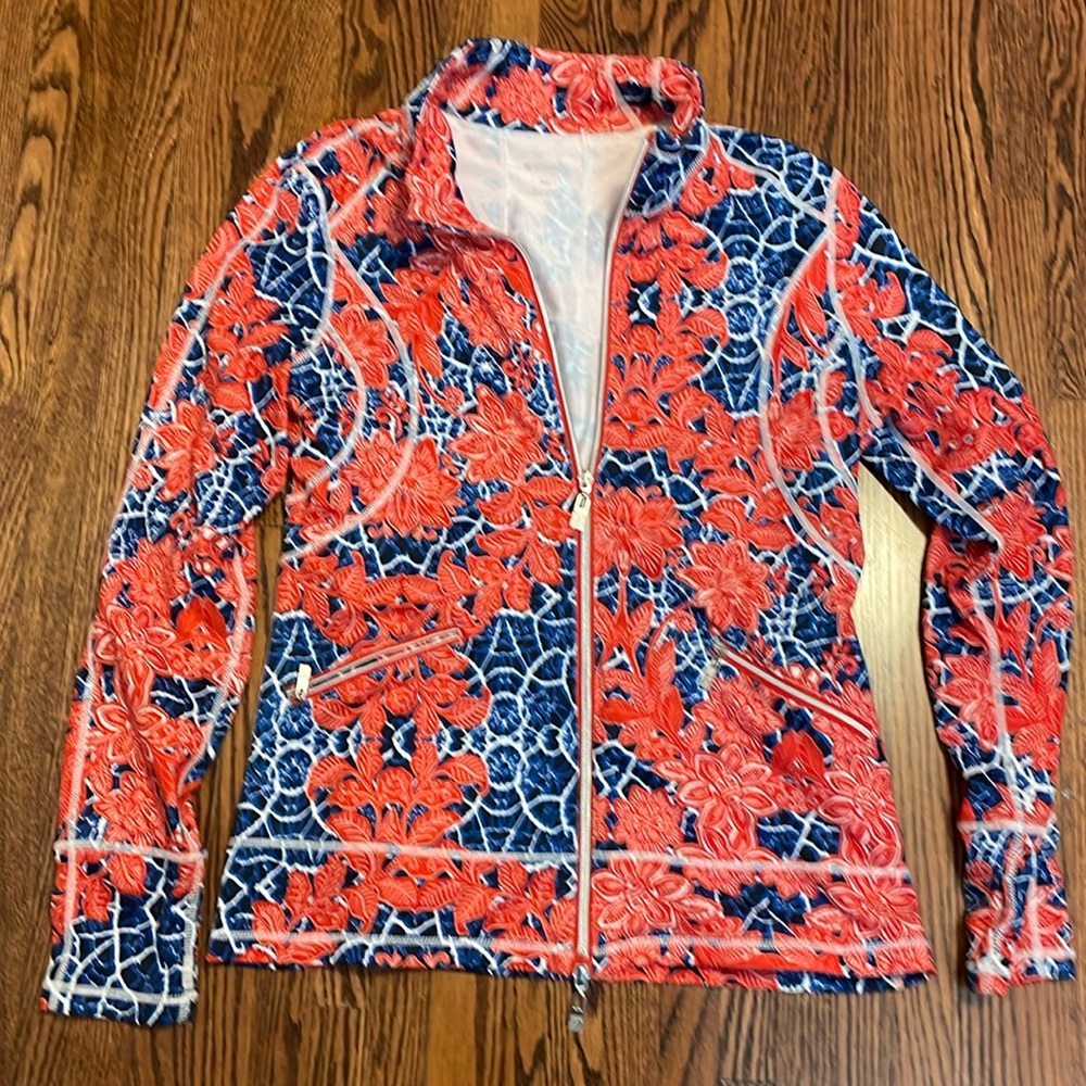 Womens Spanner size M zip up jacket. Blue/black/white/red floral pattern.